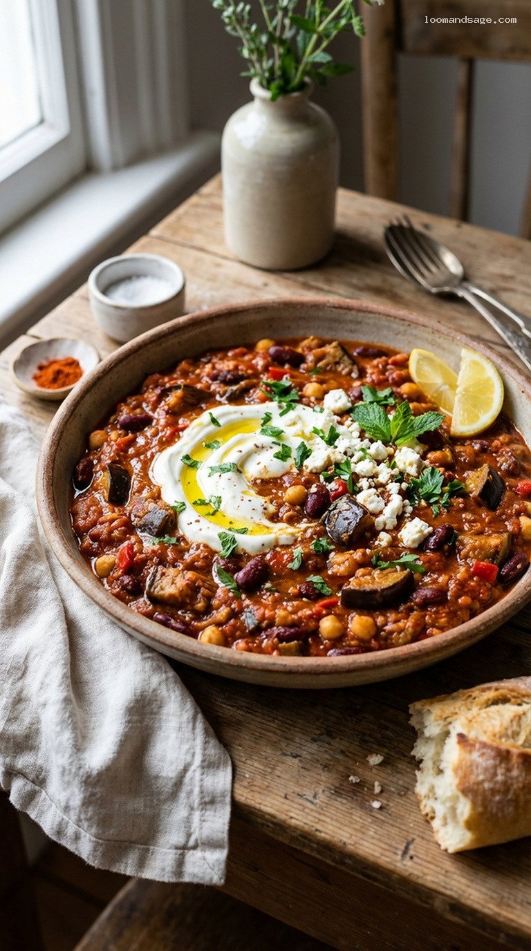 Smoky Mediterranean Fire-Roasted Eggplant Vegetarian Chili