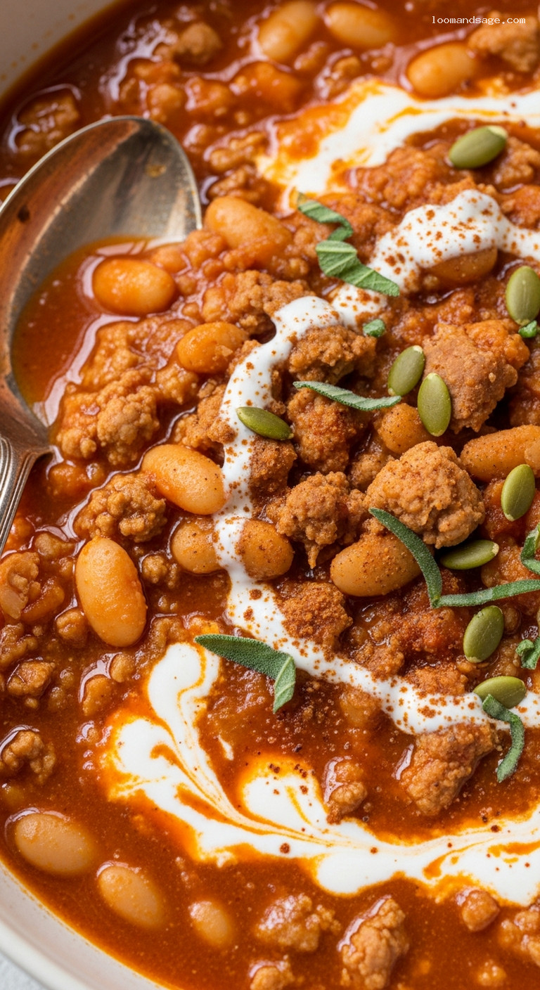 Smoky Pumpkin Harvest Chili with Beans and Sage – Closeup