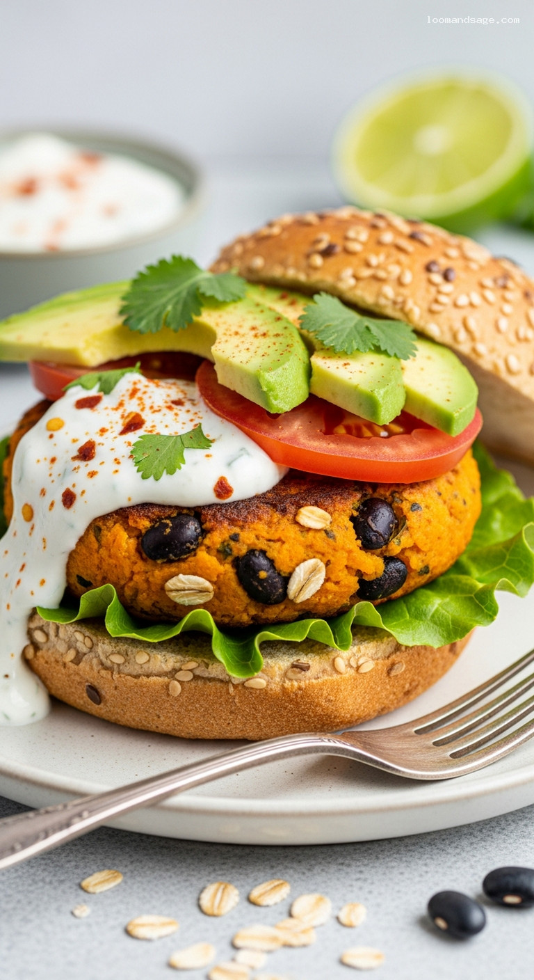 Smoky Sweet Potato Black Bean Burgers with Avocado – Closeup