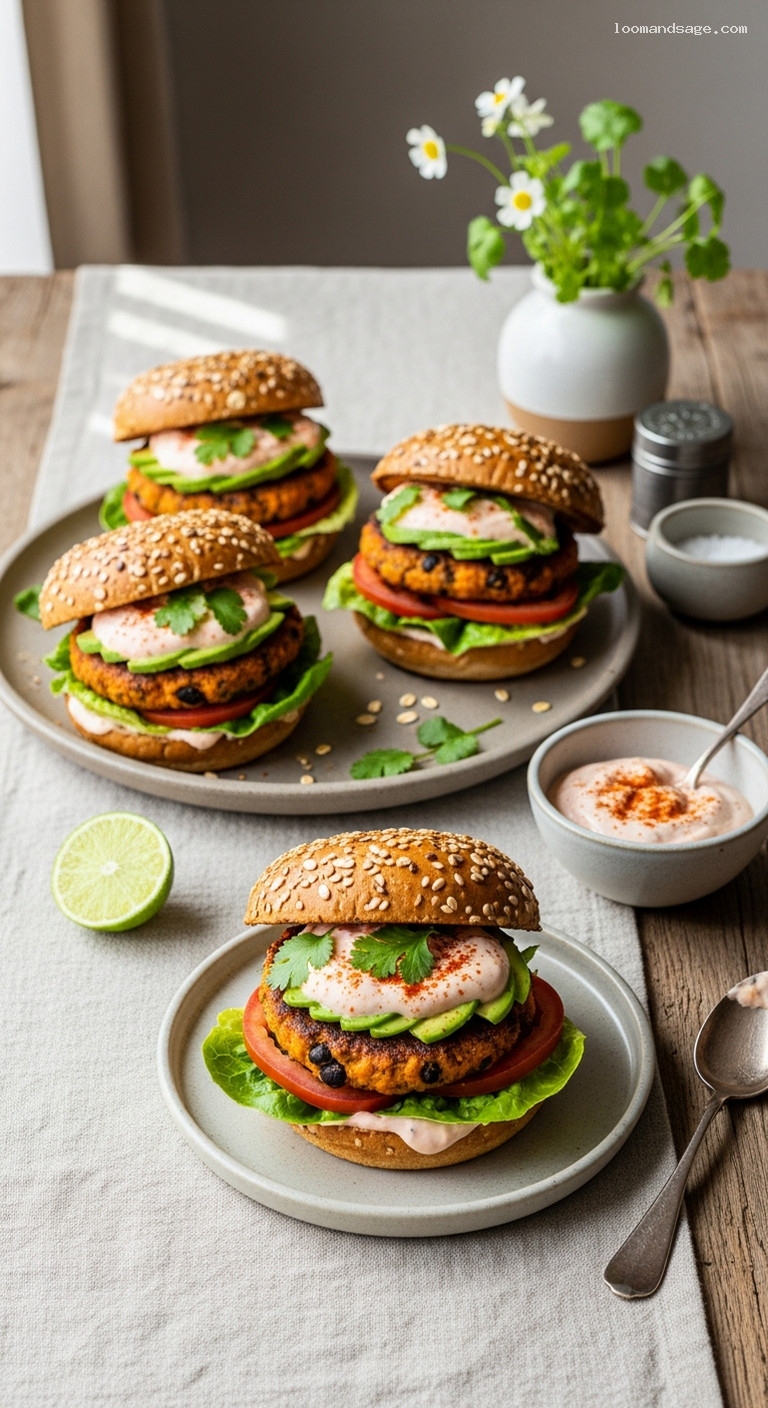 Smoky Sweet Potato Black Bean Burgers with Avocado