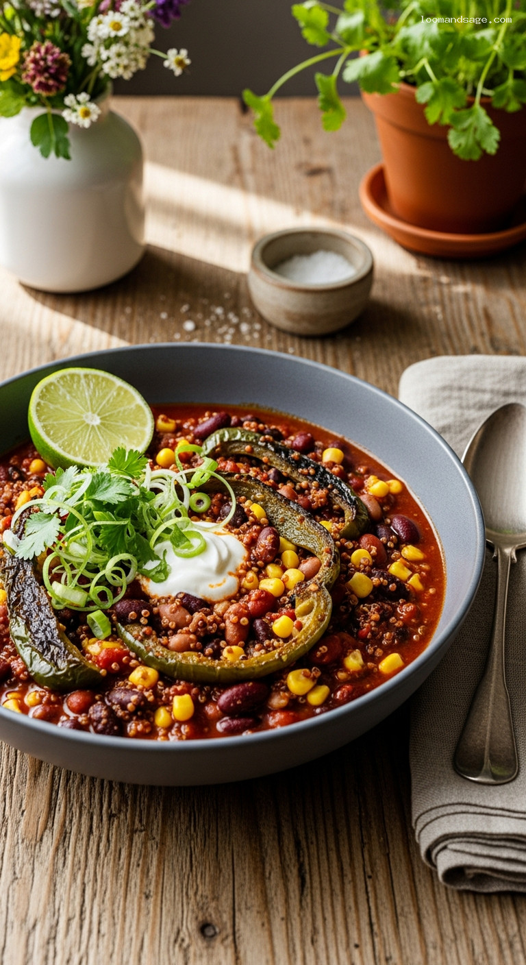 Smoky Three-Bean Vegetarian Chili with Poblanos