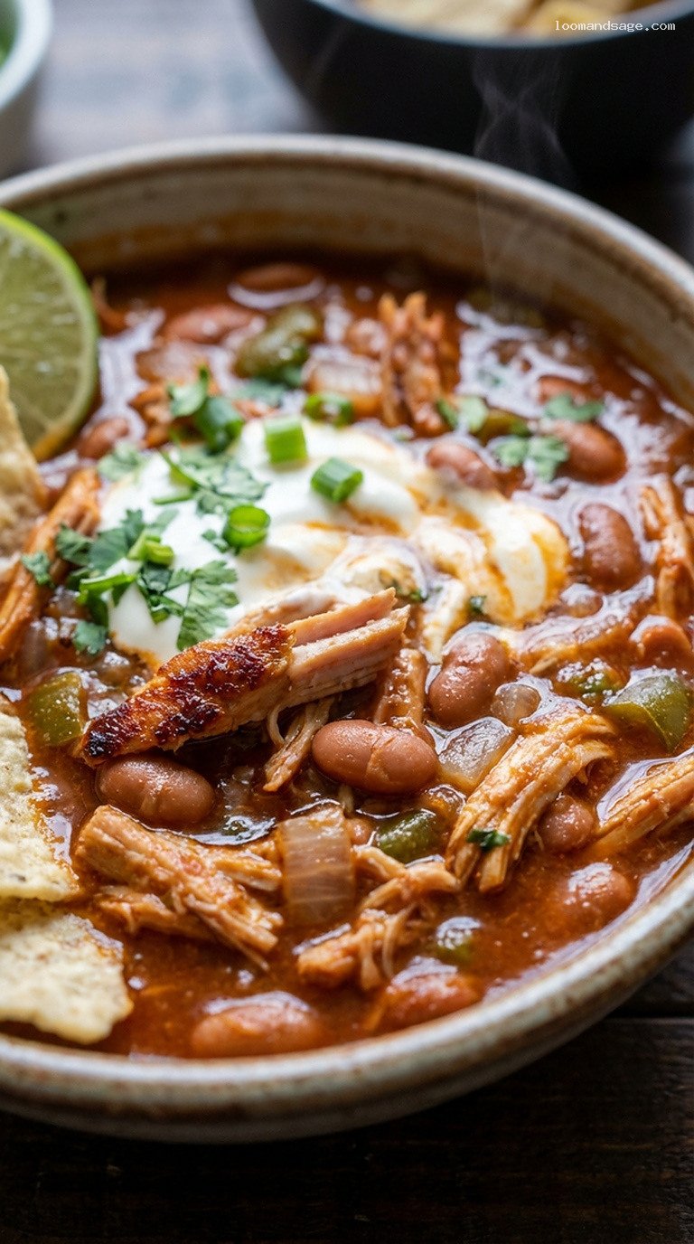 Smoky Turkey Leg Chili with Pintos and Peppers – Closeup