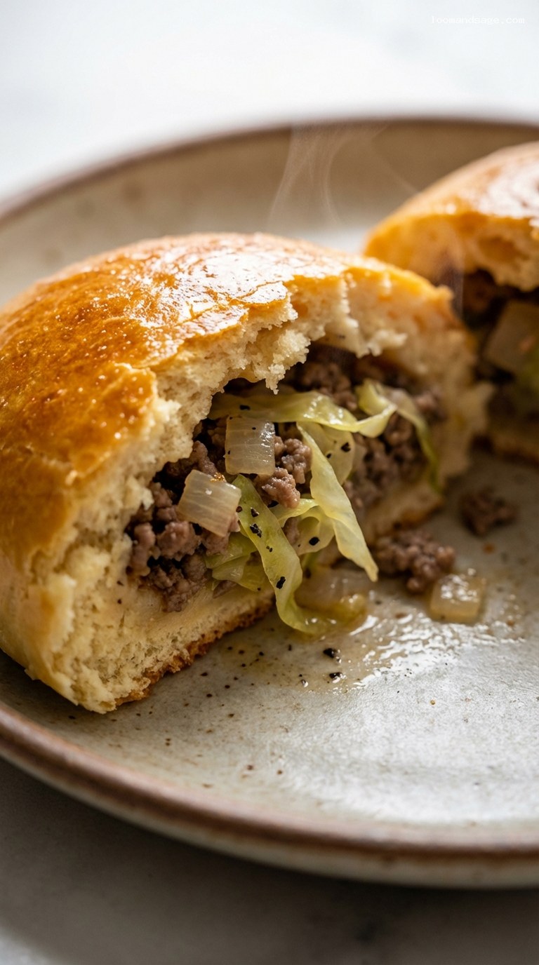 Soft Bierocks with Savory Beef and Cabbage Filling – Closeup