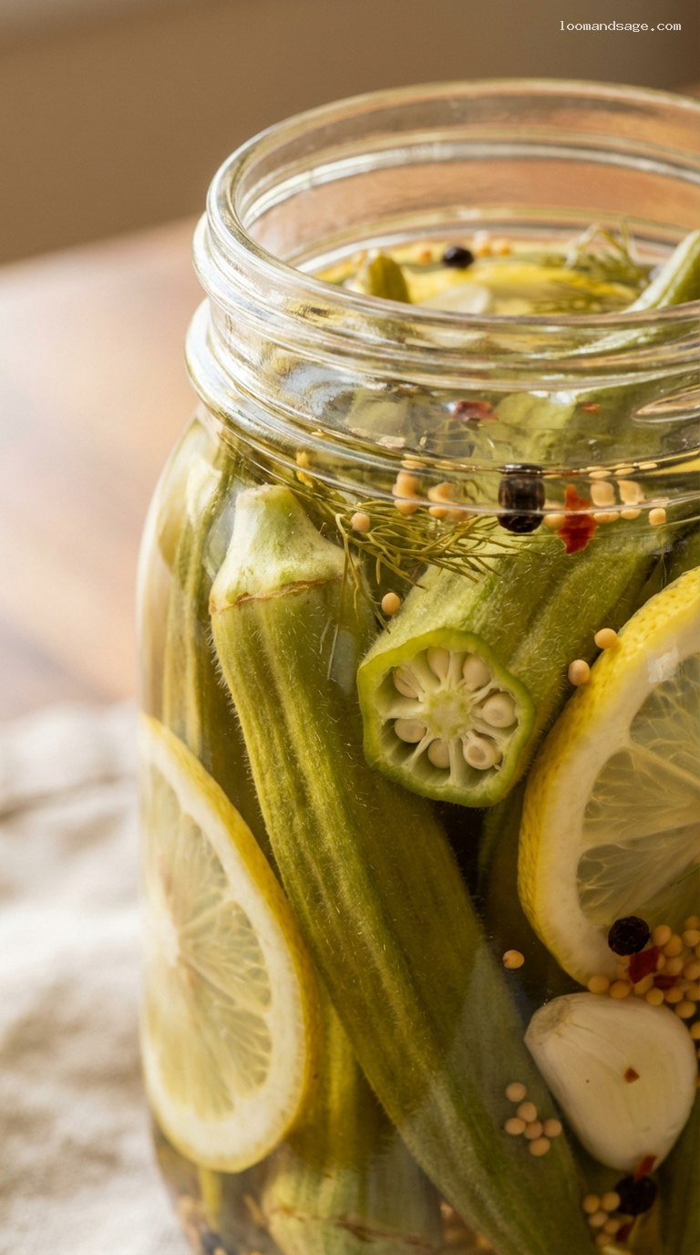 Southern Pickled Okra With Lemon, Garlic, and Dill – Closeup