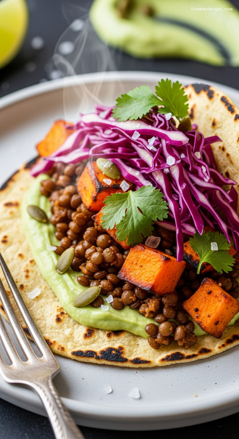 Spiced Lentil and Sweet Potato Tacos with Avocado Crema – Closeup