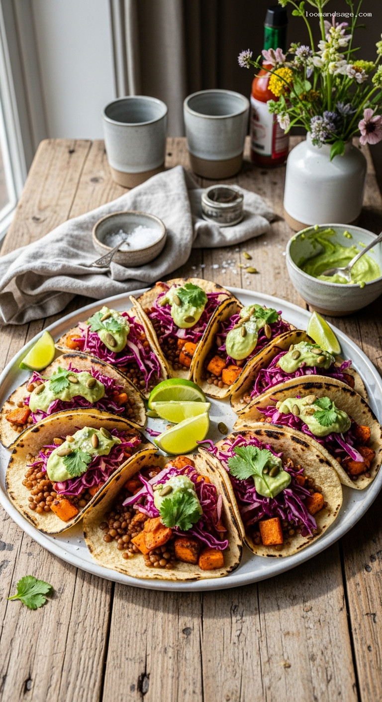 Spiced Lentil and Sweet Potato Tacos with Avocado Crema