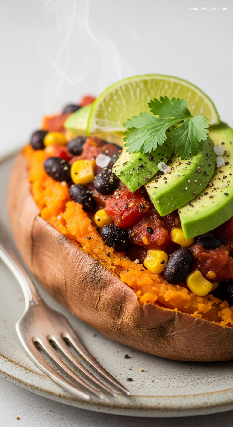 Spicy Black Bean and Corn Stuffed Sweet Potatoes – Closeup