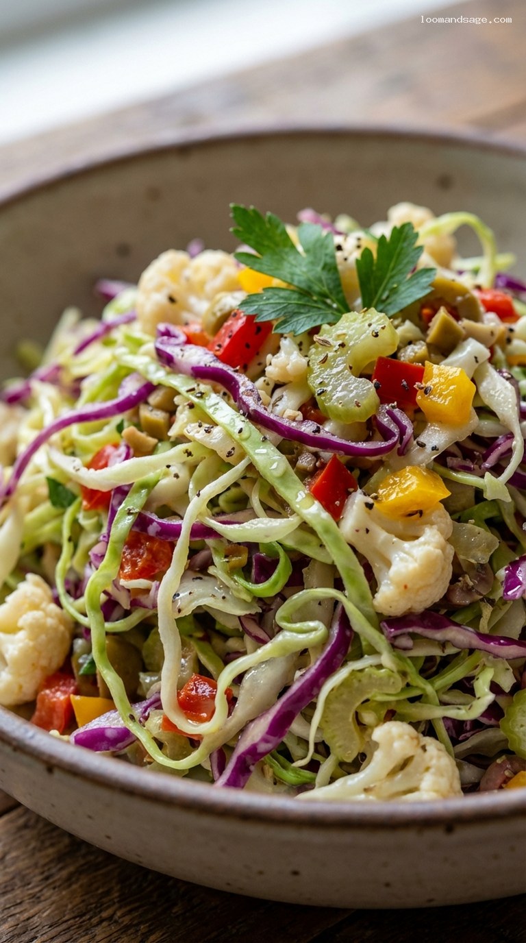 Spicy Giardiniera Slaw for Sandwiches and Hot Dogs – Closeup