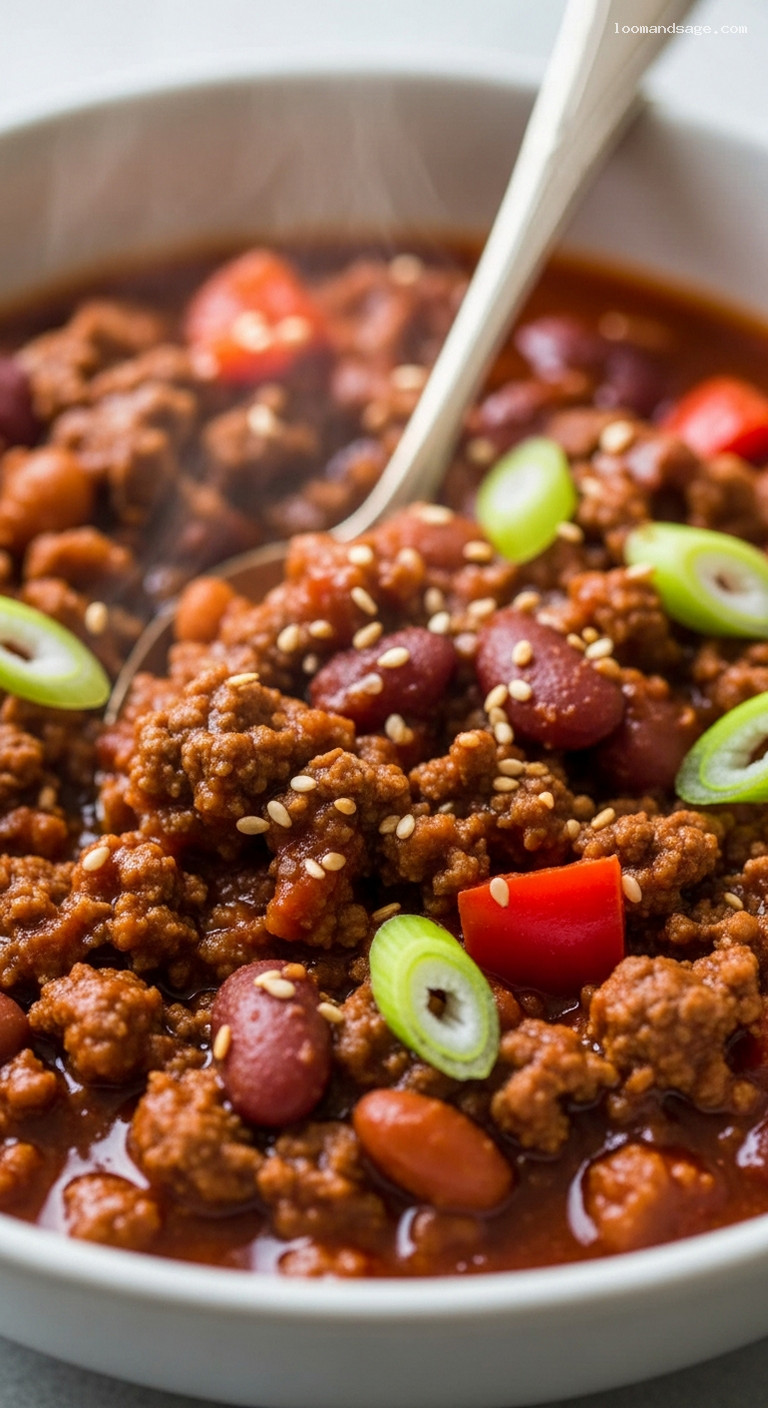 Spicy Gochujang Beef Chili With Beans and Scallions – Closeup