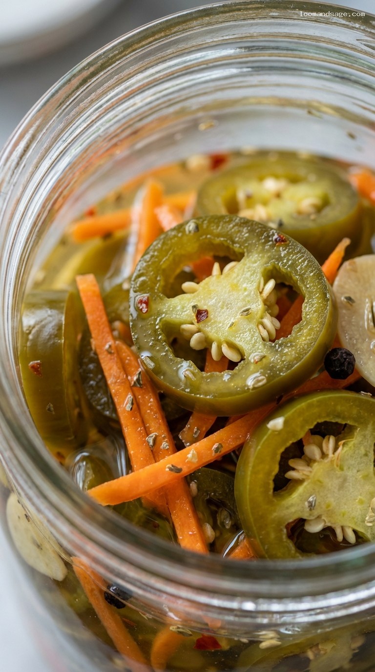 Spicy Pickled Jalapeño and Carrot Topping – Closeup