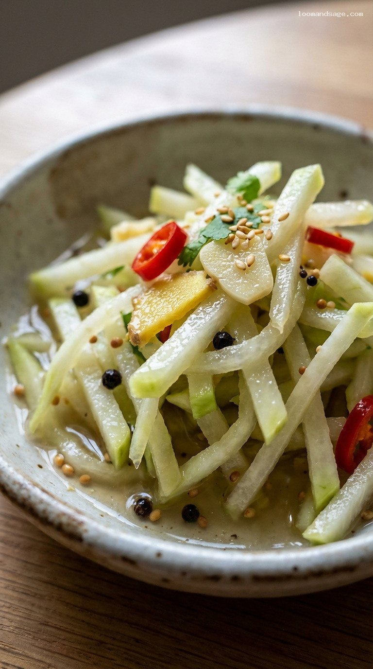 Spicy Pickled Kohlrabi Matchsticks With Garlic and Ginger – Closeup