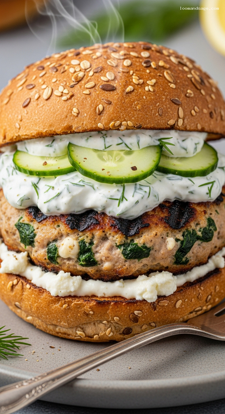 Spinach and Feta Turkey Burgers with Tzatziki – Closeup