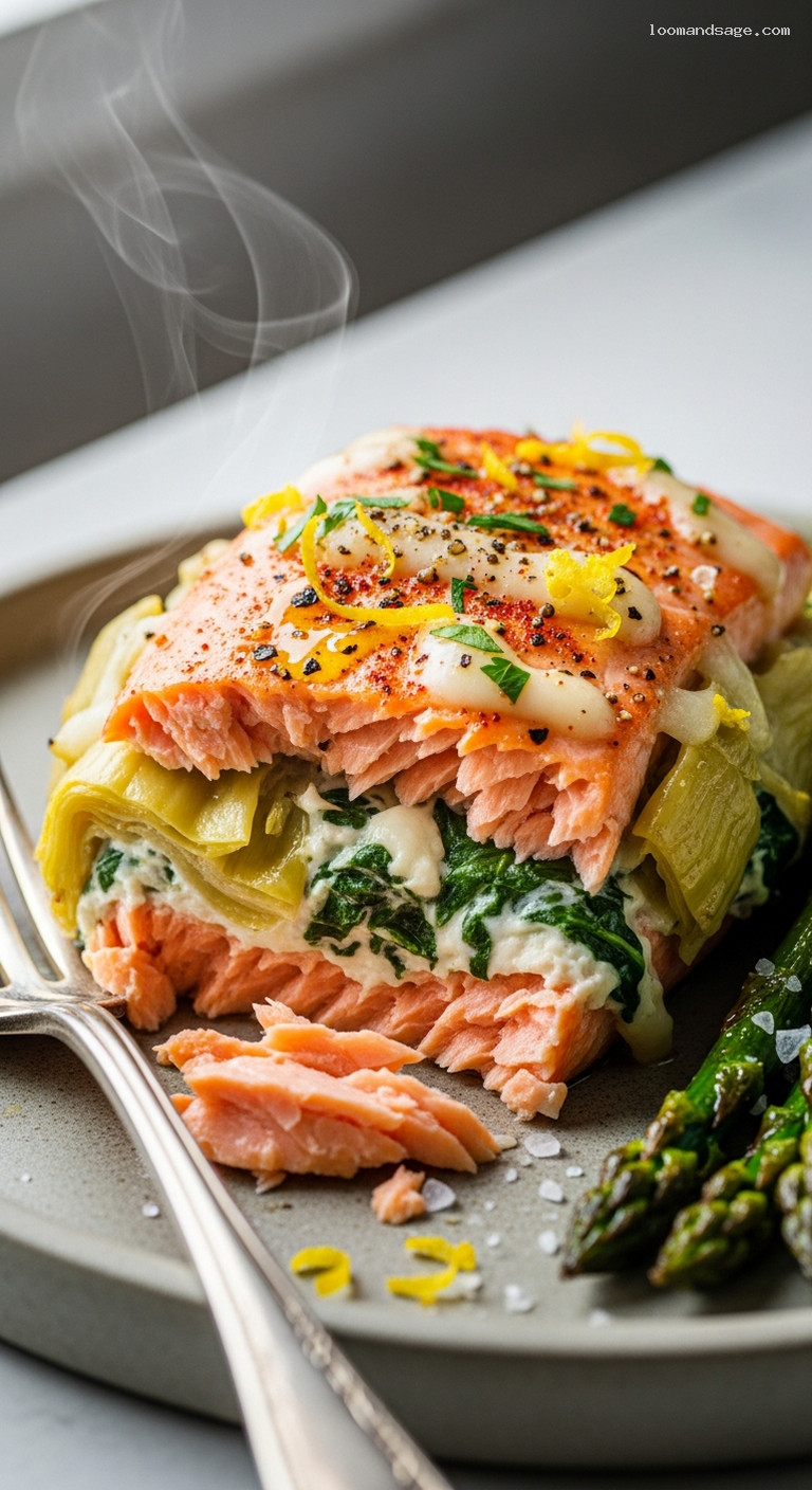 Spinach-Artichoke Stuffed Salmon with Roasted Asparagus – Closeup