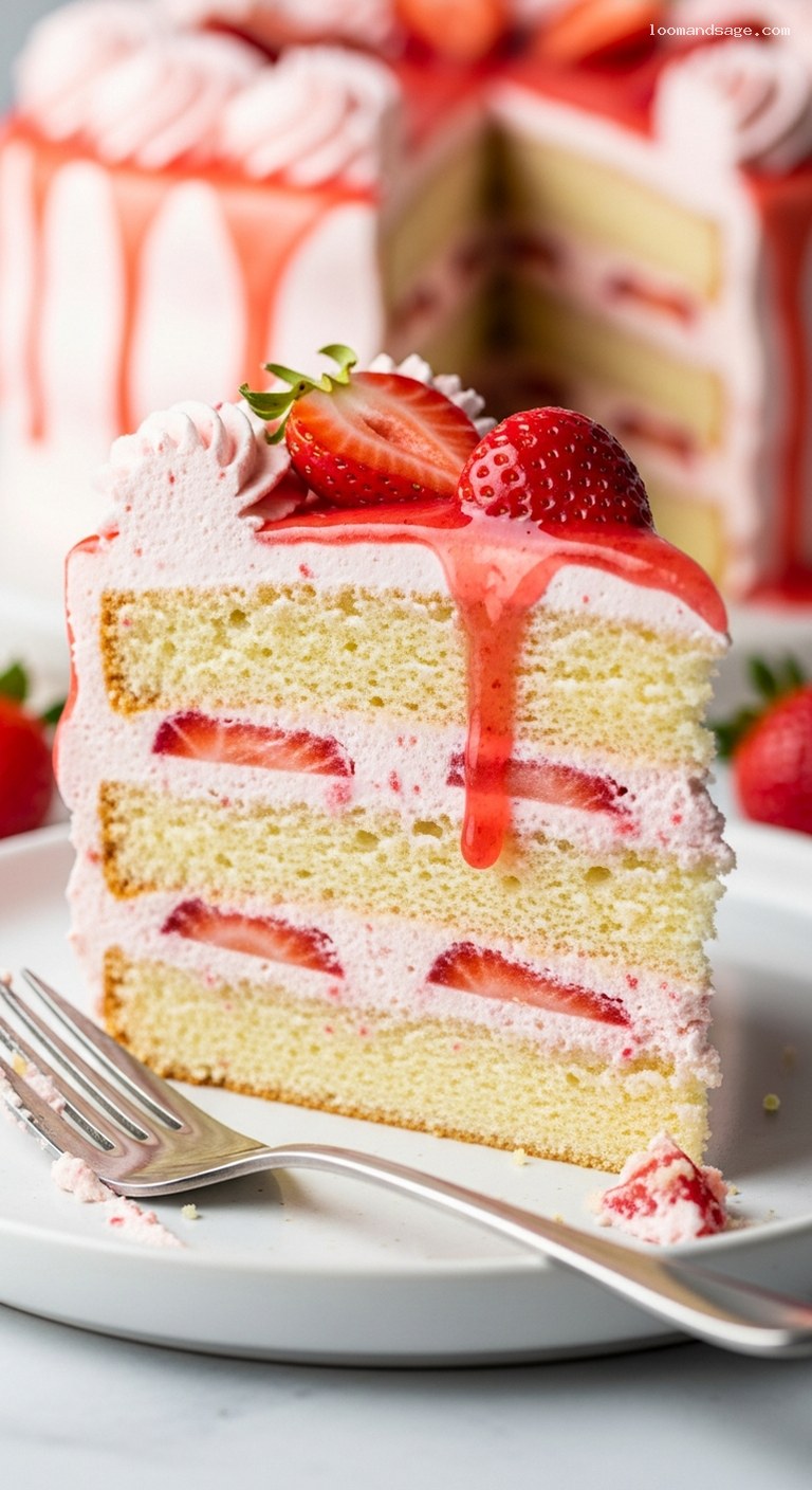 Strawberry Cream Layer Cake With Fresh Strawberries – Closeup