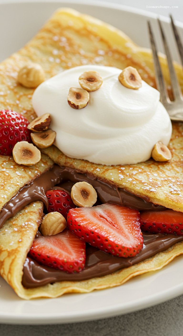 Strawberry Nutella Crêpes with Whipped Cream and Hazelnuts – Closeup