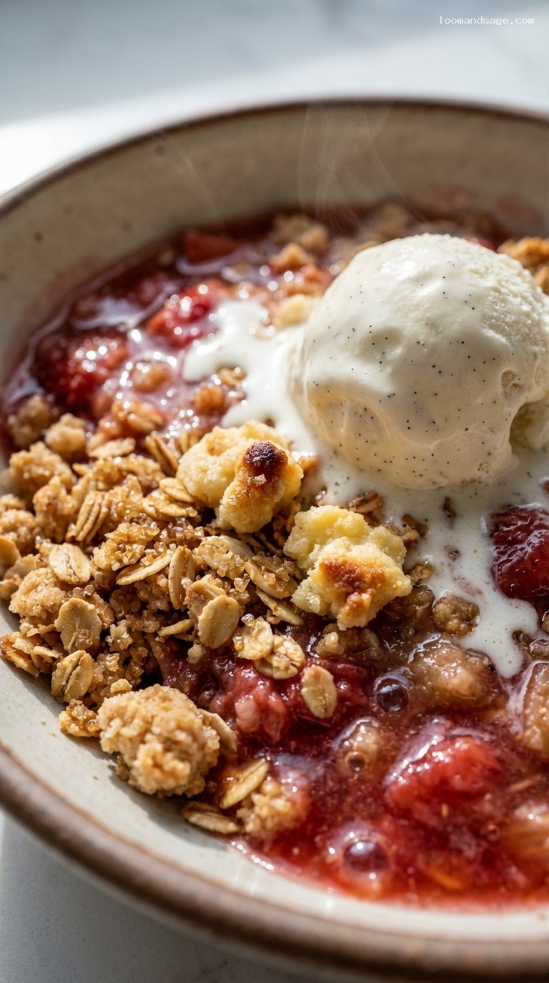 Strawberry Rhubarb Crisp with Buttery Oat Crumble – Closeup