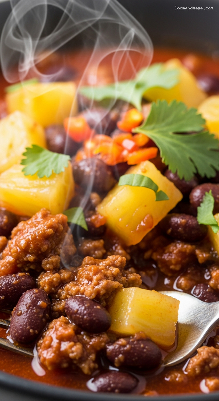 Sweet and Spicy Pineapple Habanero Beef and Black Bean Chili – Closeup