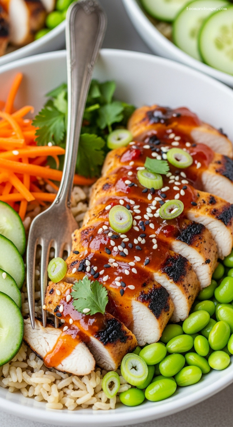 Sweet Chili Chicken Bowls with Lime-Sesame Dressing – Closeup