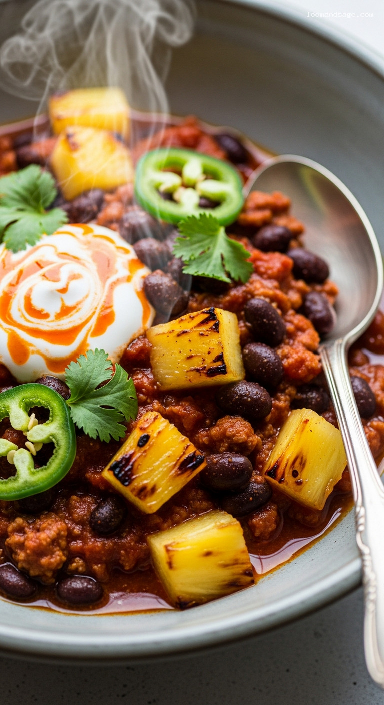 Sweet-Heat Pineapple Chipotle Chili with Pork or Chicken – Closeup