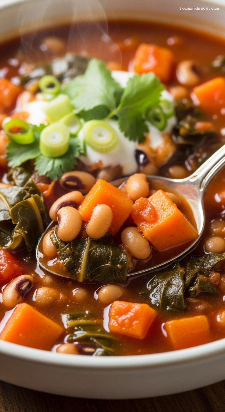 Sweet Potato and Black-Eyed Pea Chili with Collards – Closeup