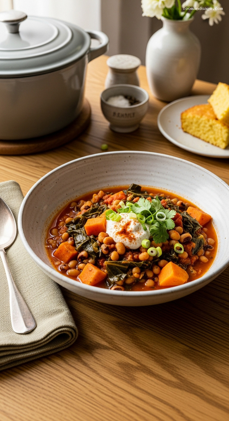 Sweet Potato and Black-Eyed Pea Chili with Collards