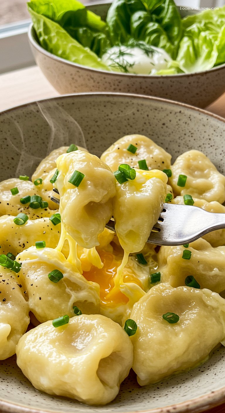 Tojásos Nokedli with Dill Lettuce Salad – Closeup