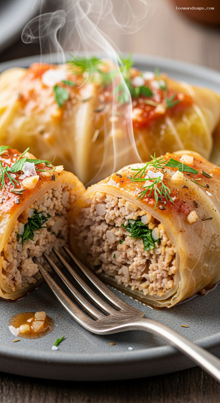 Turkey and Rice Stuffed Cabbage Rolls in Tomato Herb Sauce – Closeup