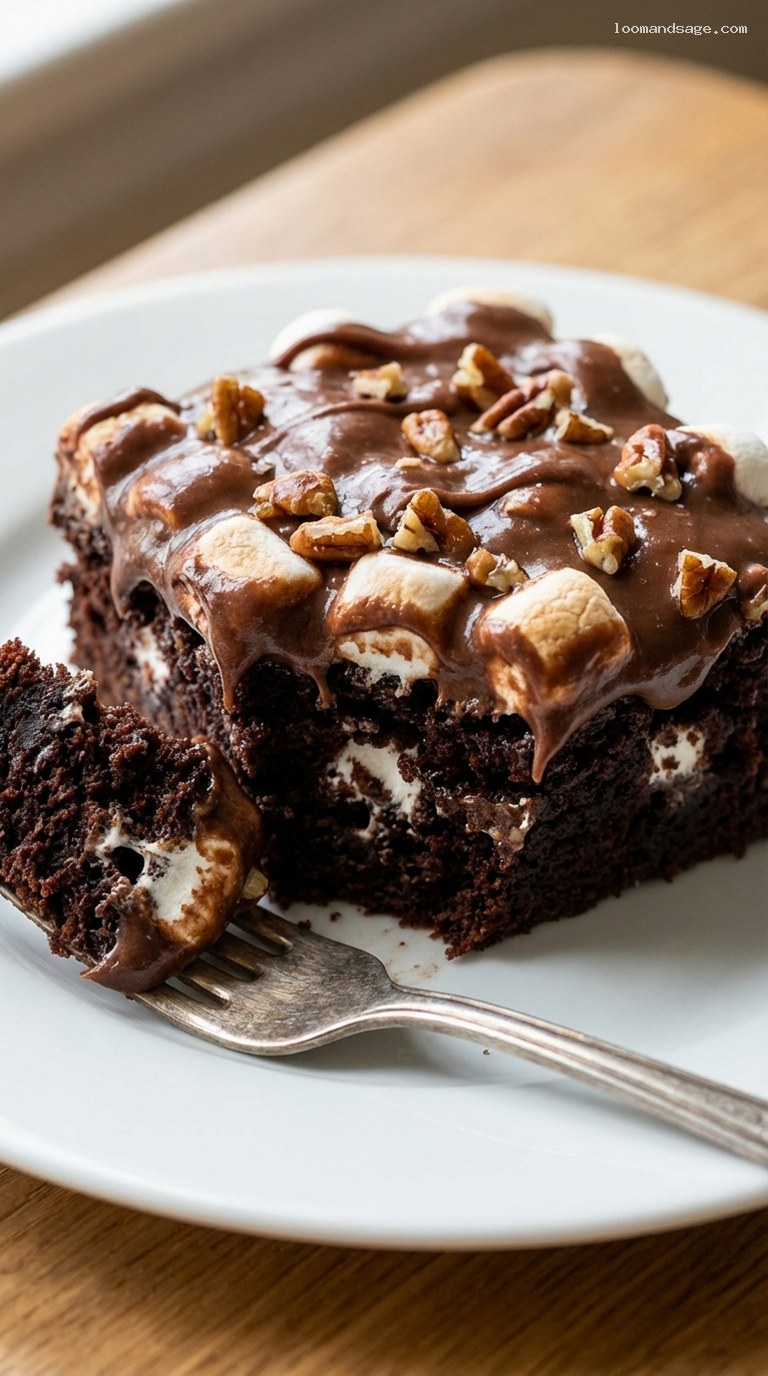 Ultra-Moist Mississippi Mud Cake With Marshmallows and Pecans – Closeup