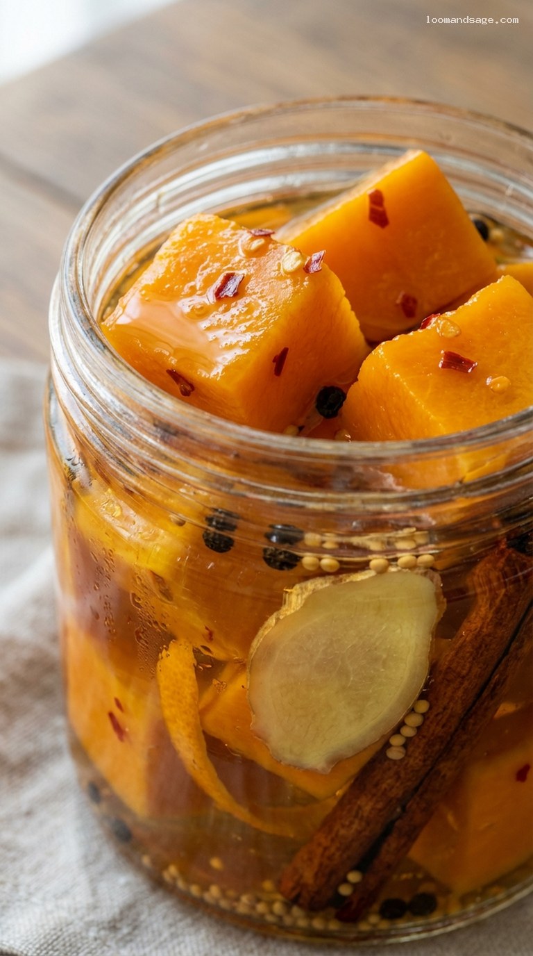 Warm Cinnamon-Chili Pickled Pumpkin Cubes – Closeup