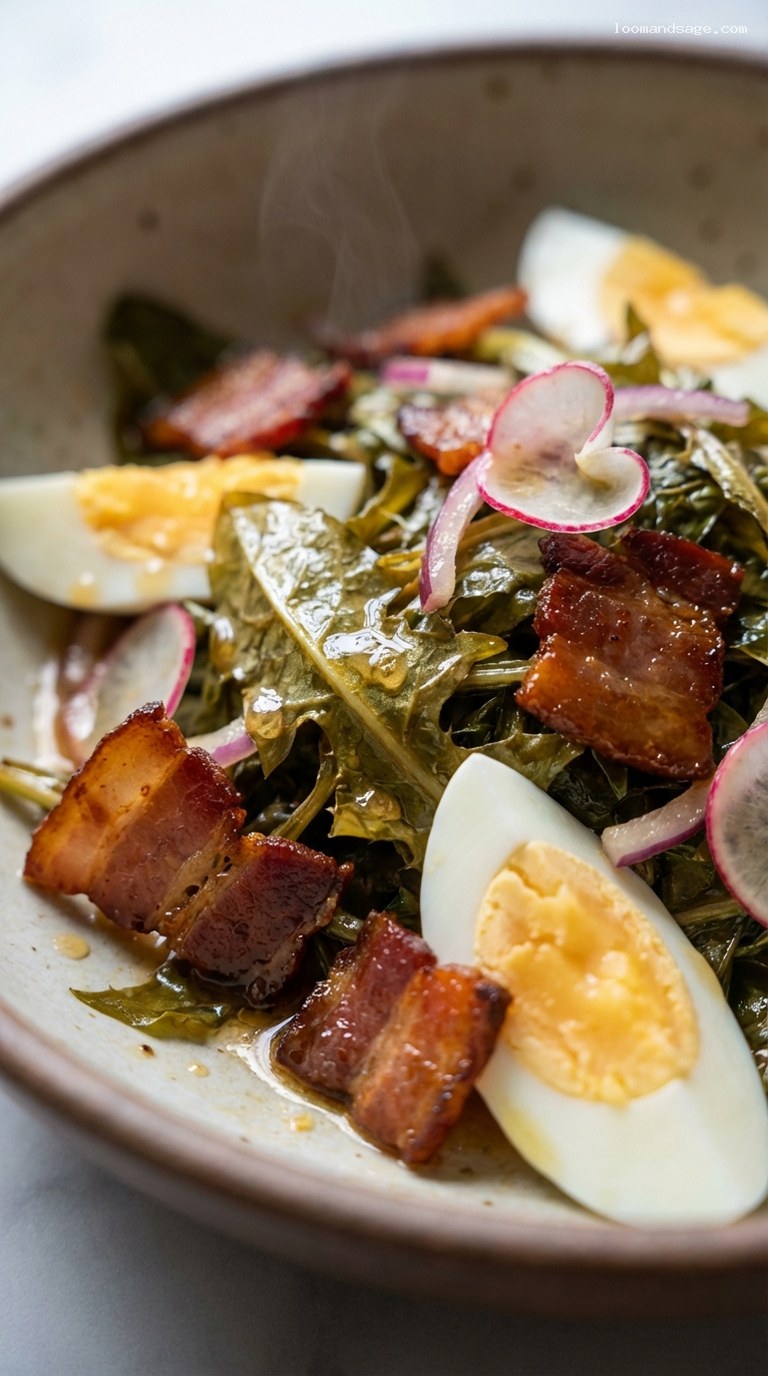 Warm Dandelion Greens Salad With Hot Bacon Dressing – Closeup