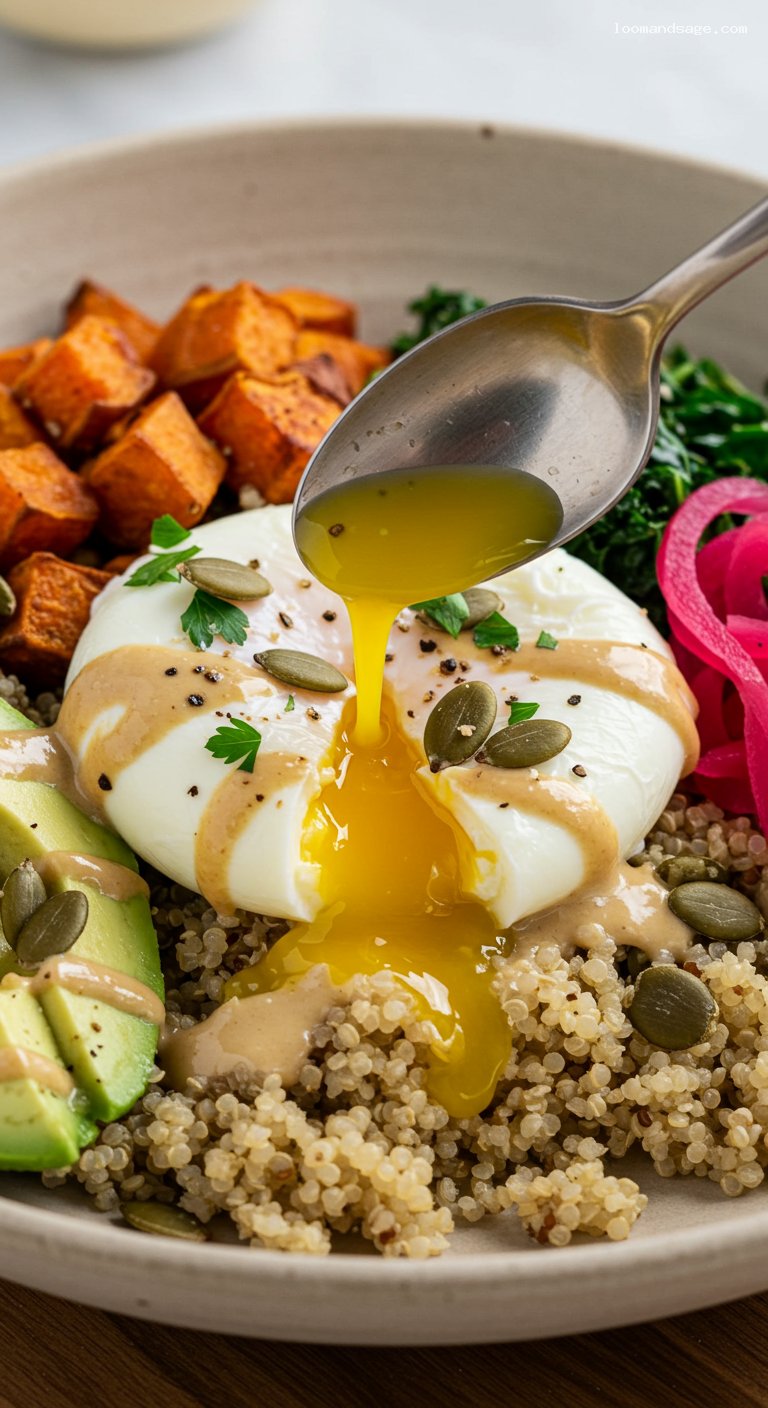 Warm Quinoa Bowl with Roasted Sweet Potatoes and Tahini-Lemon Drizzle – Closeup