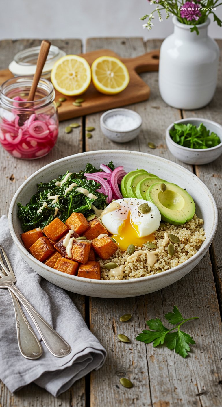 Warm Quinoa Bowl with Roasted Sweet Potatoes and Tahini-Lemon Drizzle