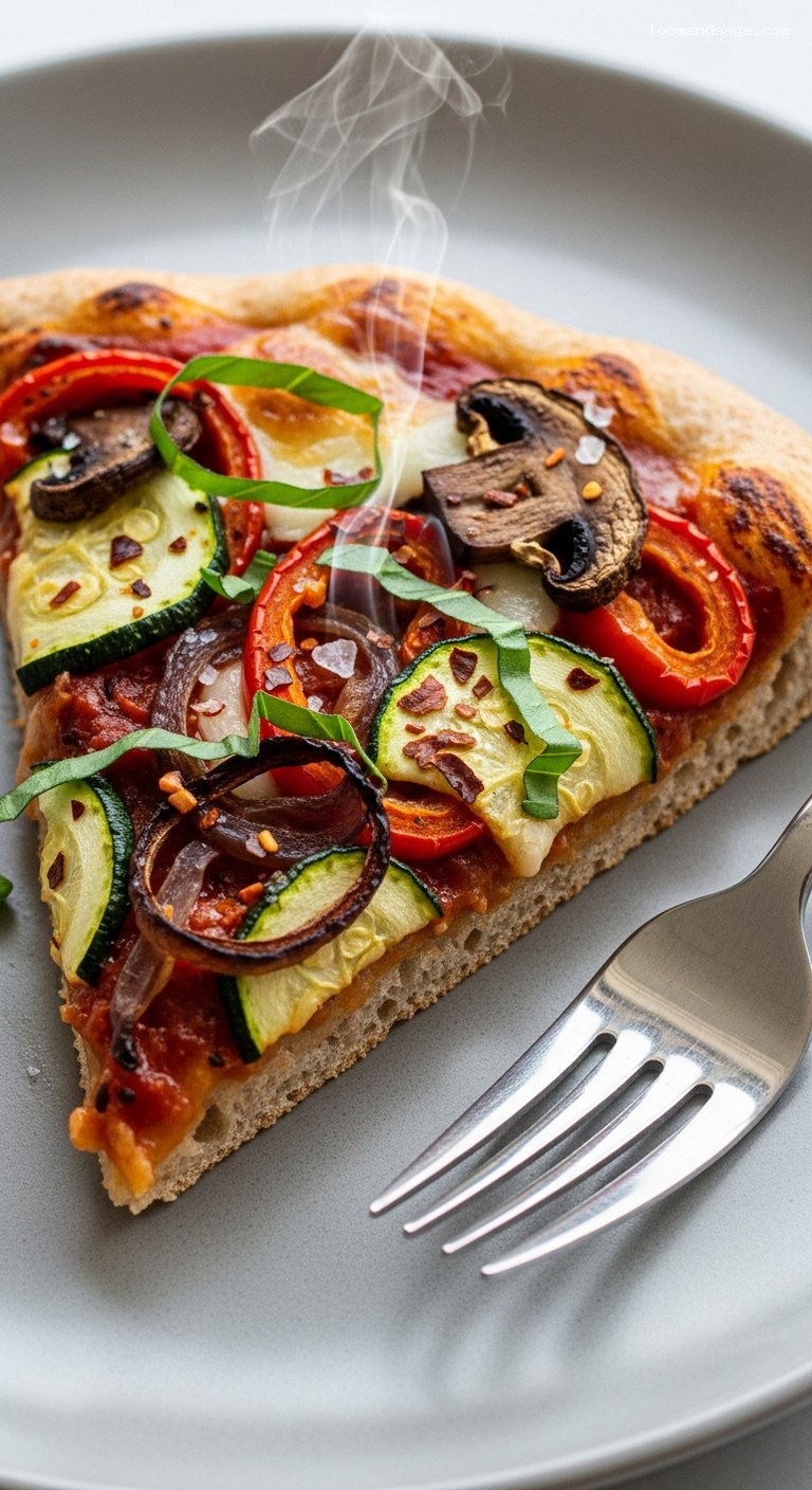 Whole-Wheat Skillet Pizza with Roasted Veggies and Basil – Closeup