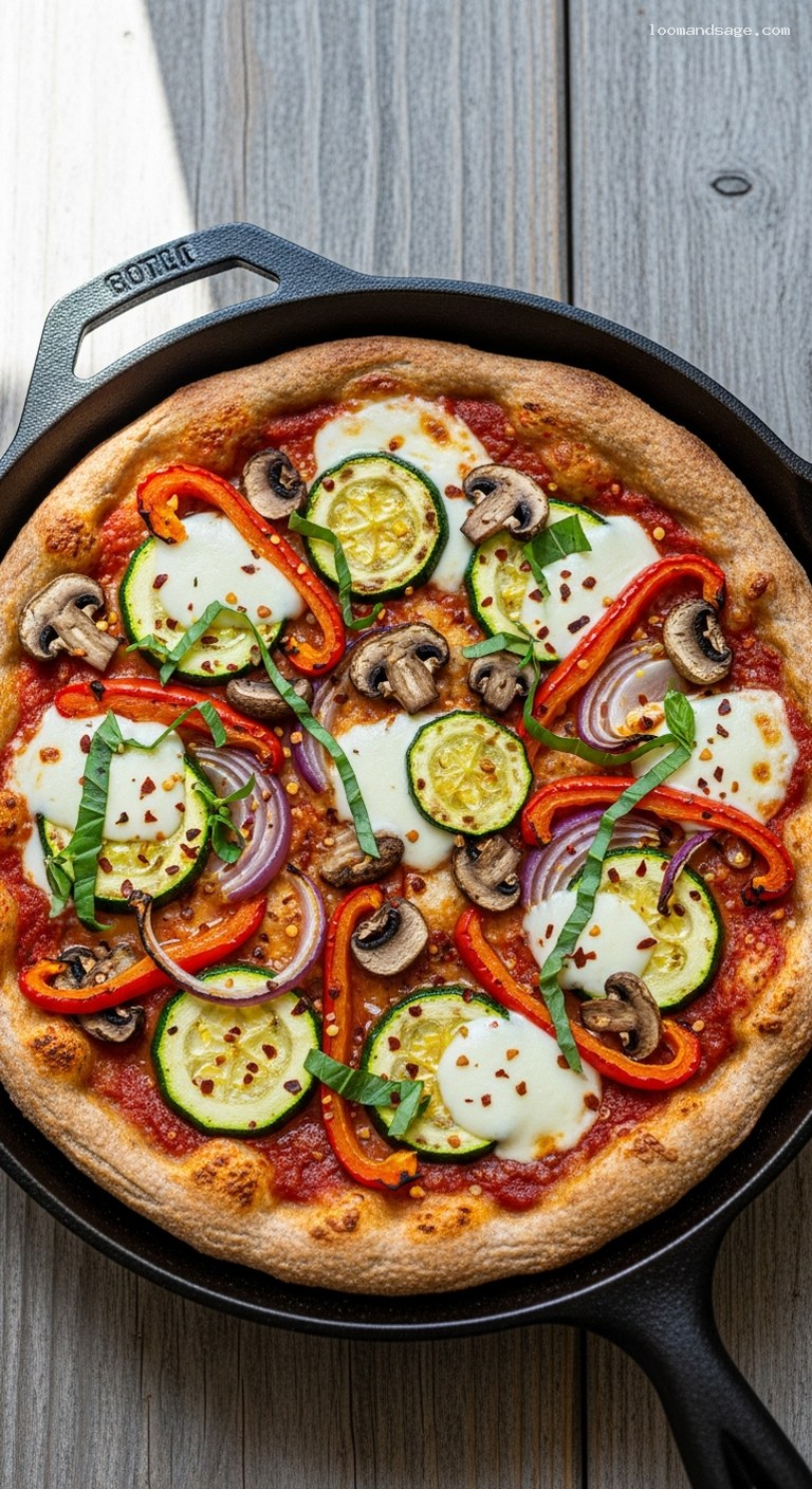 Whole-Wheat Skillet Pizza with Roasted Veggies and Basil