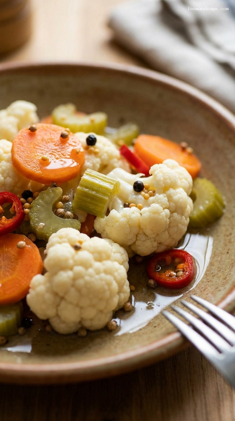 Zesty Pickled Cauliflower Medley With Carrots and Chili – Closeup
