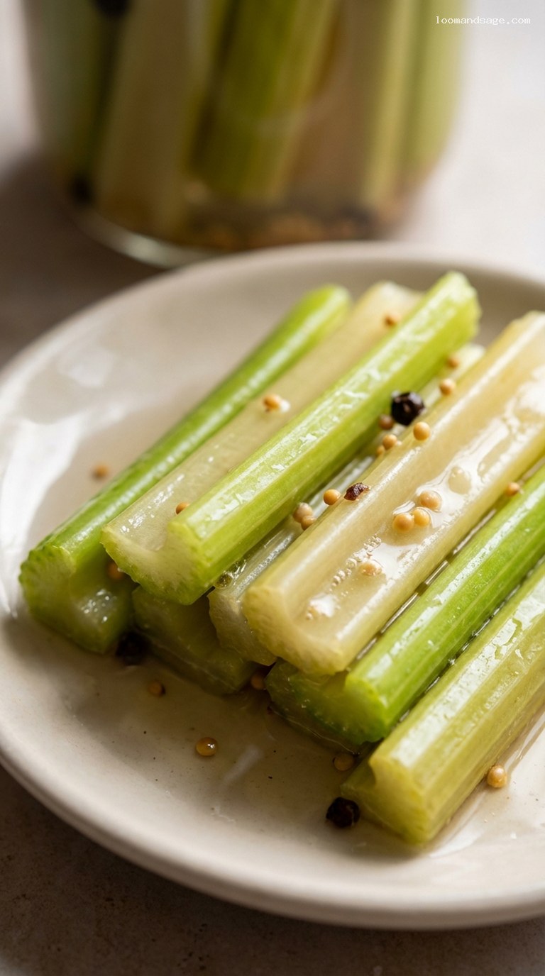 Zesty Pickled Celery Sticks for Salads and Bloody Marys – Closeup