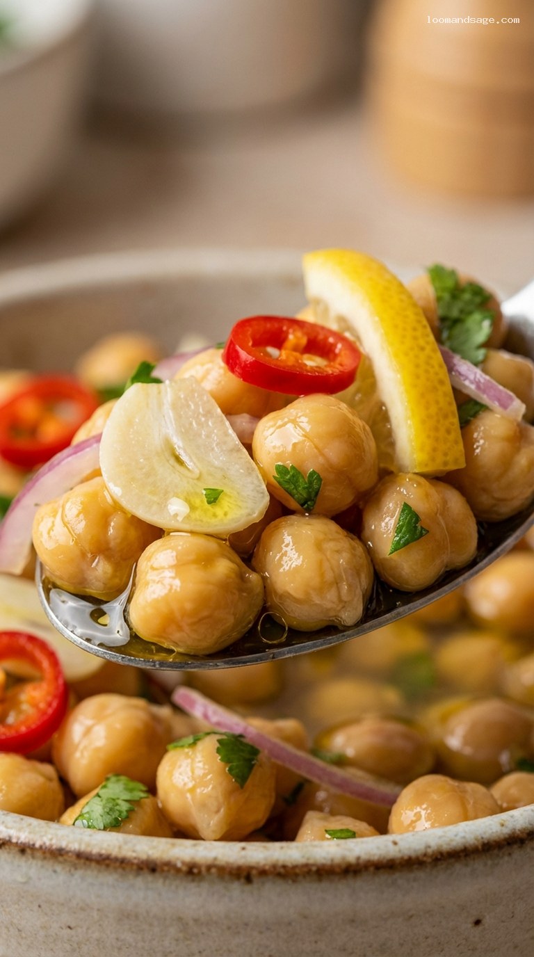 Zesty Pickled Chickpeas With Garlic, Herbs, and Chili – Closeup