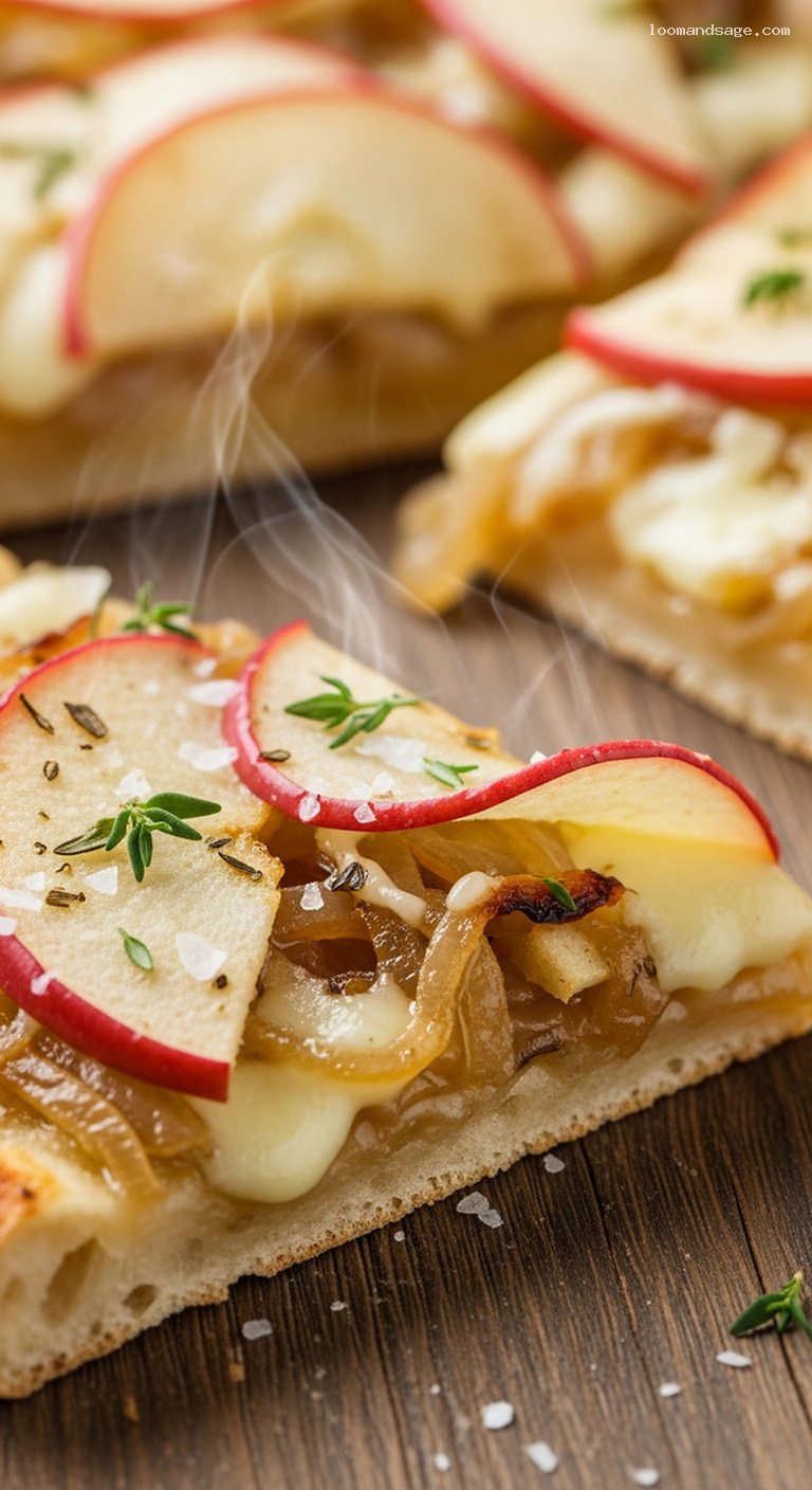 Apple, Cheddar & Caramelized Onion Flatbread – Closeup