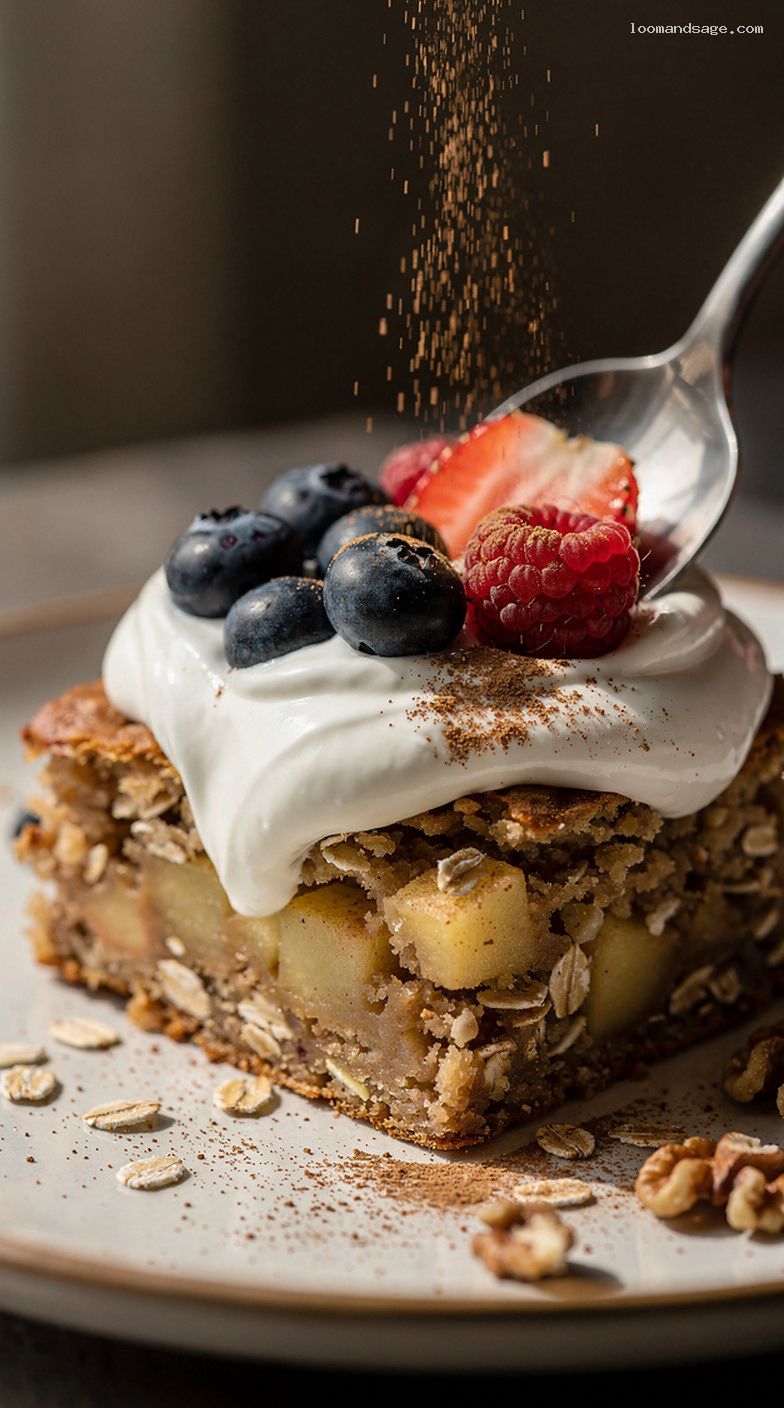 Apple Cinnamon Baked Oatmeal Squares with Yogurt and Berries – Closeup