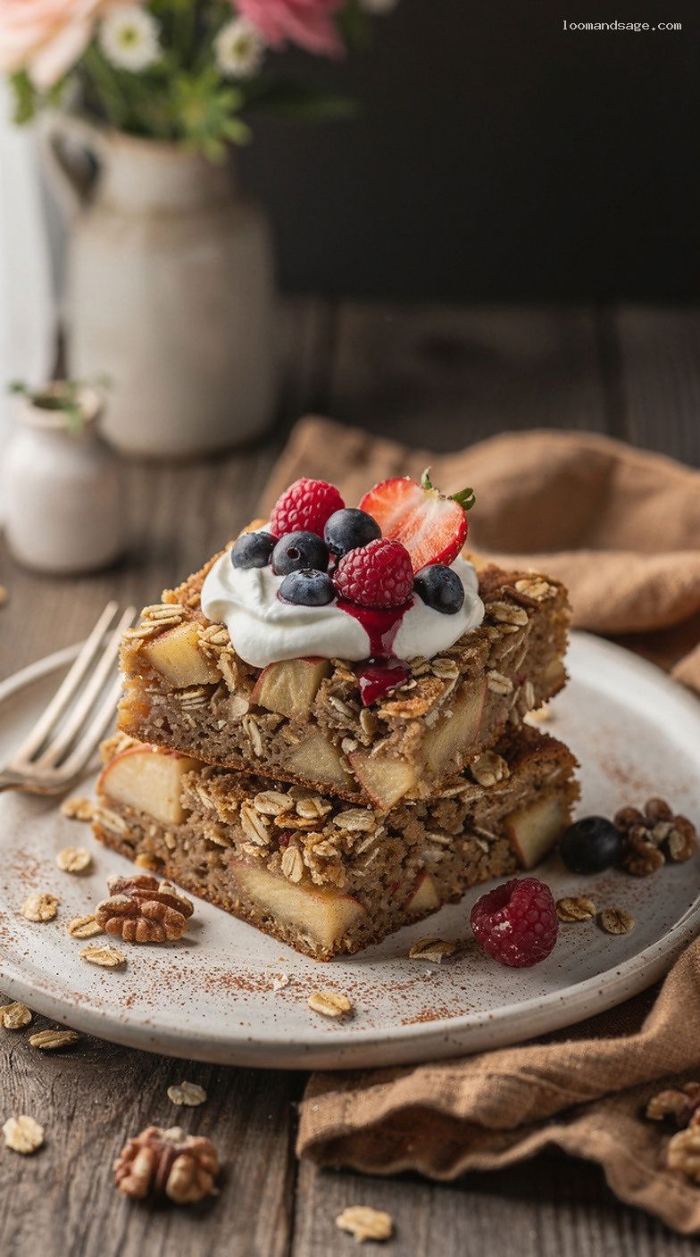 Apple Cinnamon Baked Oatmeal Squares with Yogurt and Berries