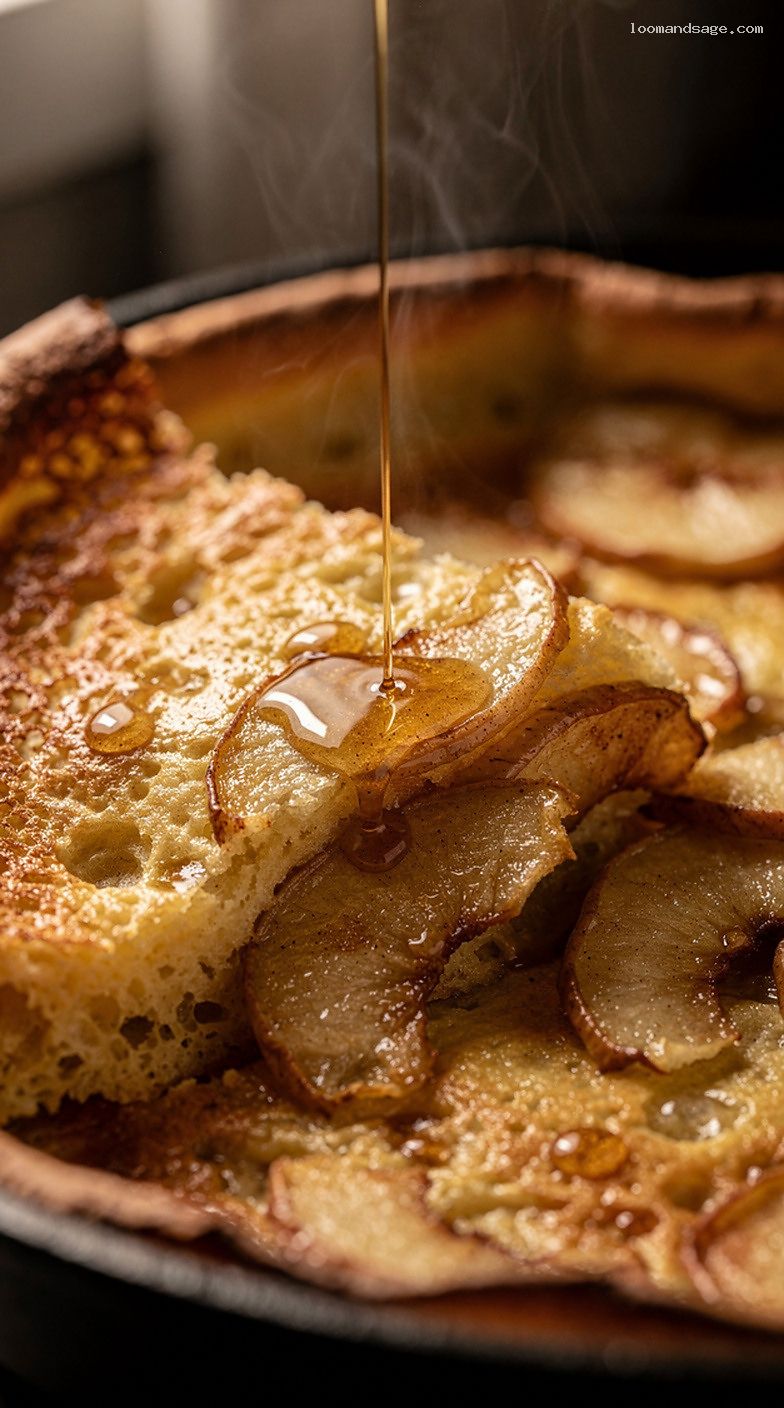 Apple Cinnamon Dutch Baby Pancake With Maple Syrup – Closeup