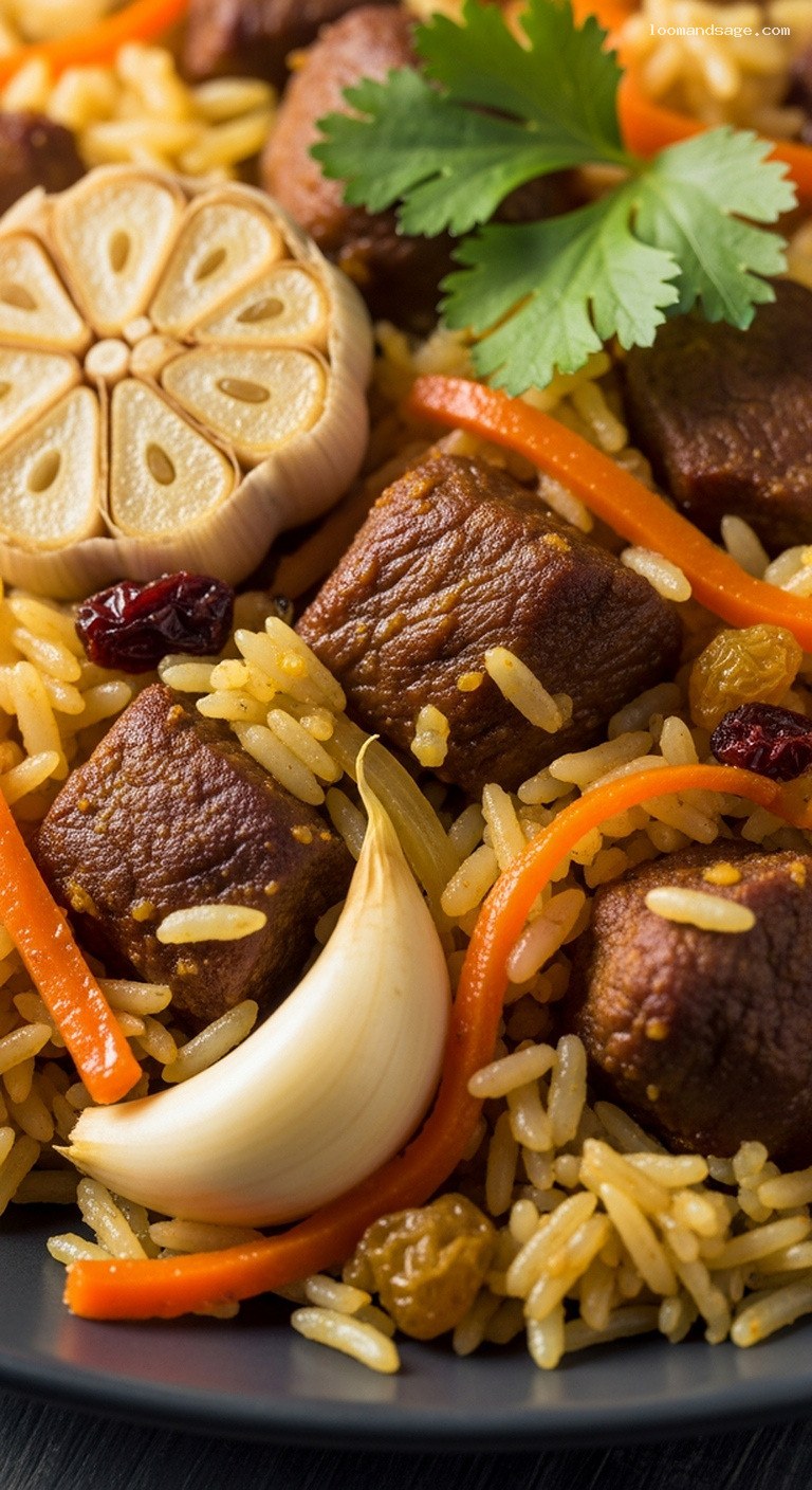 Aromatic Lamb Pilaf with Tender Lamb and Carrots – Closeup