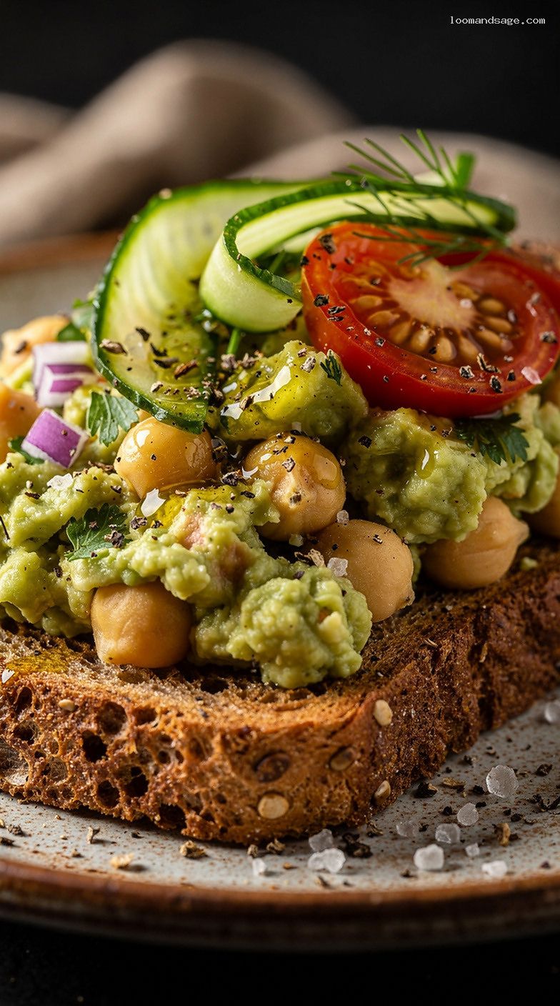 Avocado Chickpea Smash Toast with Lemon, Garlic, and Herbs – Closeup