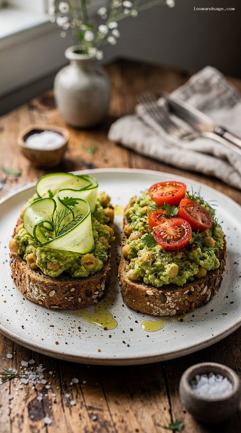 Avocado Chickpea Smash Toast with Lemon, Garlic, and Herbs