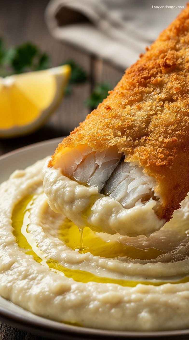 Bakaliaros Skordalia: Crispy Fried Salt Cod With Garlic Dip – Closeup