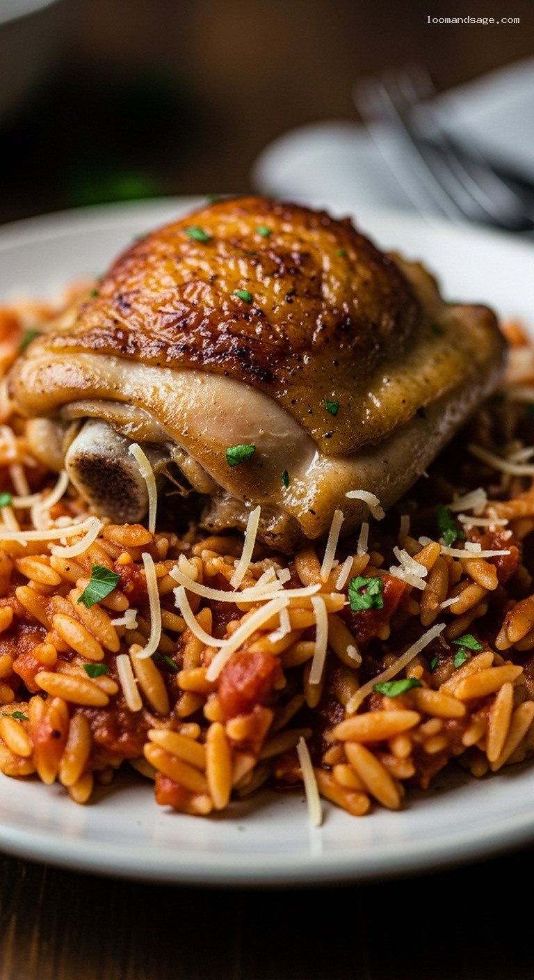Baked Chicken Giouvetsi with Orzo and Tomato – Closeup