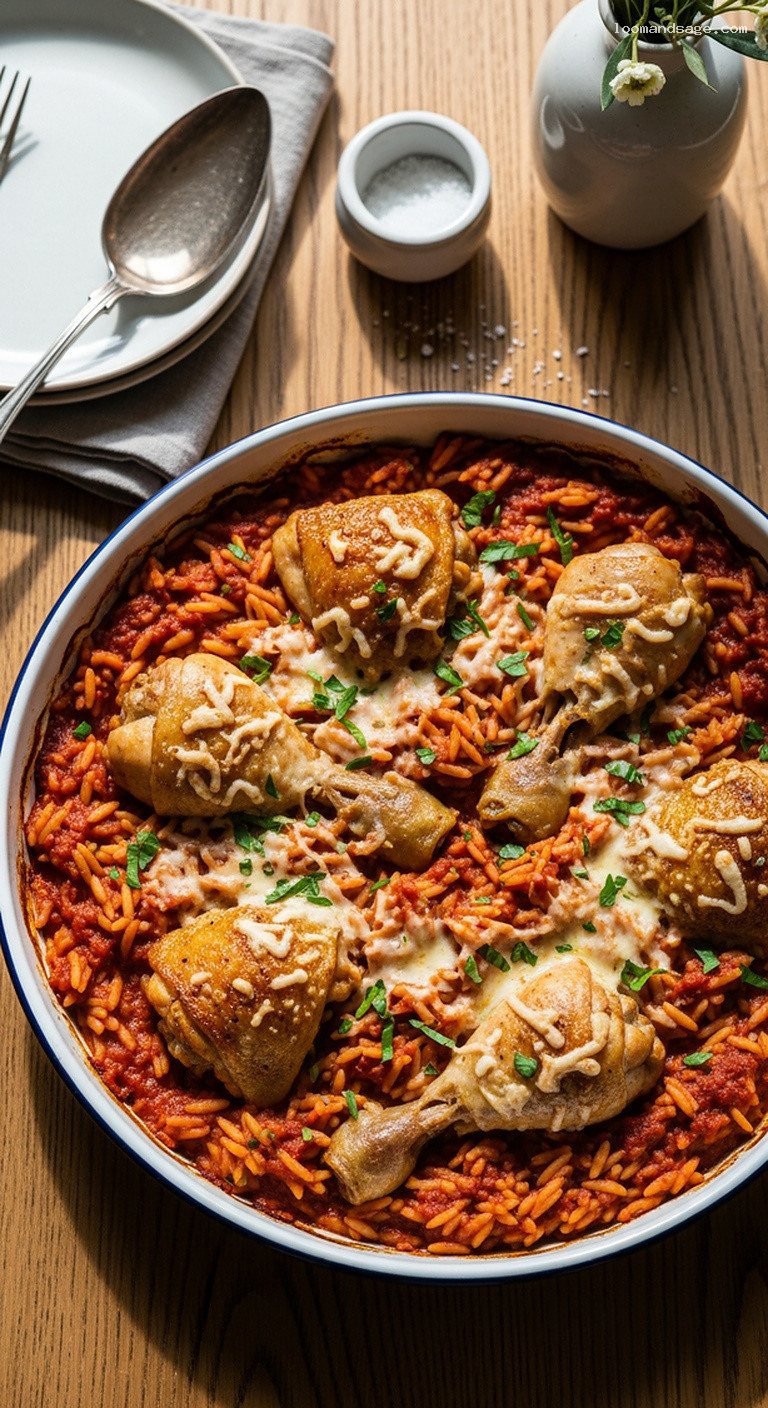Baked Chicken Giouvetsi with Orzo and Tomato