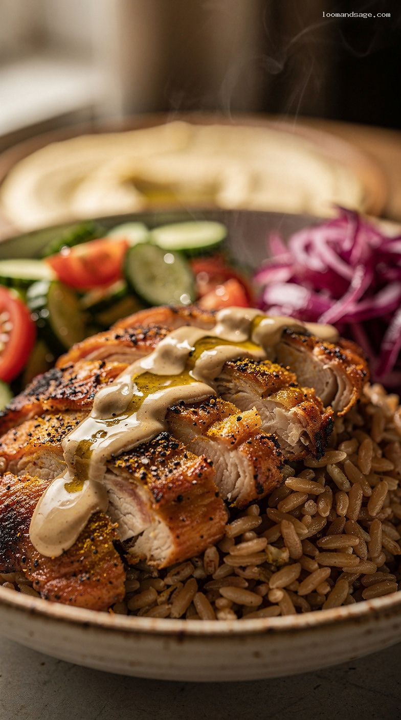 Baked Chicken Shawarma Bowls With Tahini and Hummus – Closeup