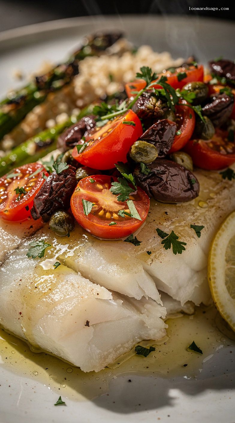 Baked Cod With Tomato-Olive Relish and Roasted Asparagus – Closeup