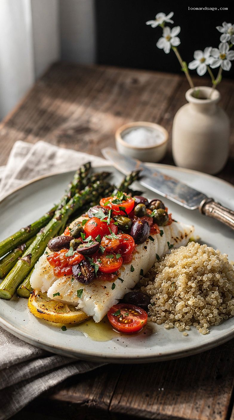 Baked Cod With Tomato-Olive Relish and Roasted Asparagus